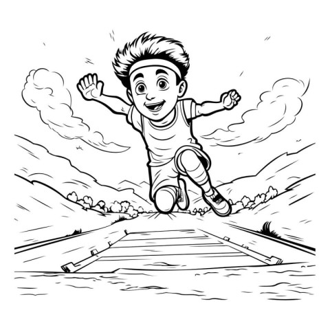 Cartoon image of a boy jumping over a gap in the bridge.