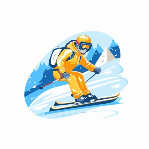 Snowboarder in helmet and goggles skiing downhill. Winter sport