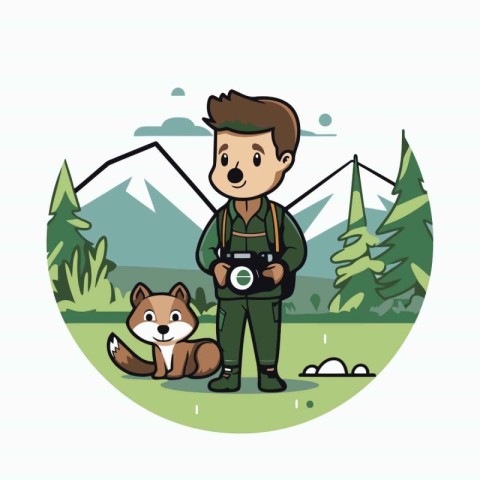 Photographer with camera and dog in the park. Vector illustratio