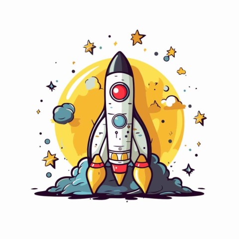 Space rocket with stars and moon. Vector illustration in cartoon