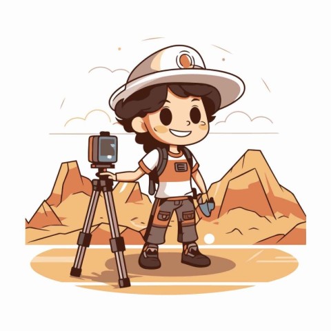 Cartoon boy with camera and tripod in the desert. Vector illustr