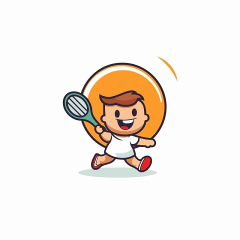 Cartoon boy playing tennis with racket and ball. Vector illustra