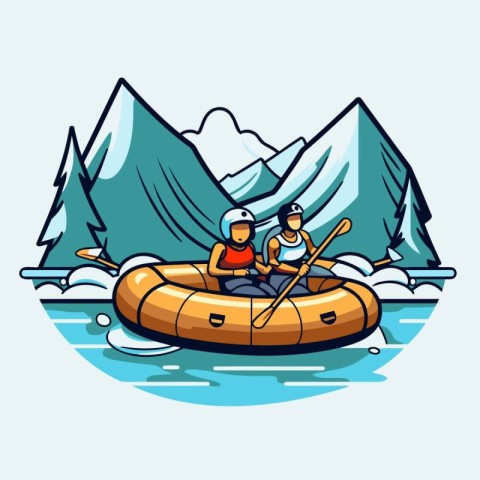 Couple kayaking in the mountains. Vector illustration in flat st