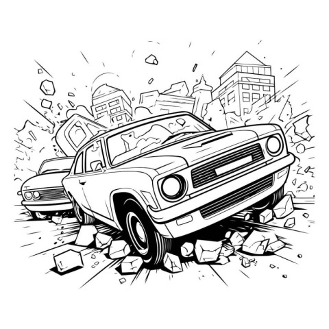 Vector cartoon illustration of a car crash in the city. Black an