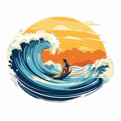 Surfer in the waves. Vector illustration of a man in a boat.