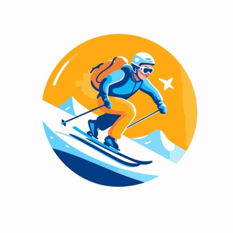 Skiing man in helmet and goggles. Vector illustration in a flat