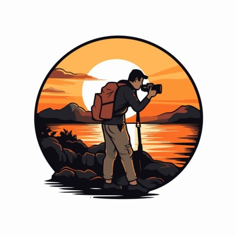Photographer with camera at sunset. Vector illustration on white
