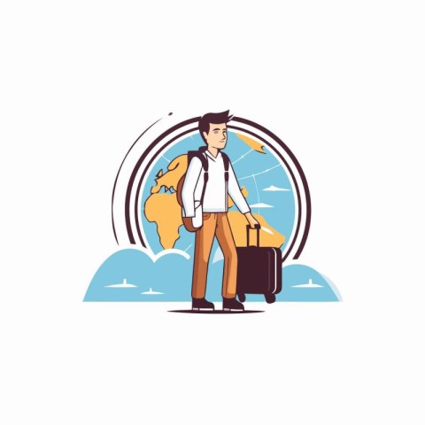 Traveler with luggage. Vector illustration in flat style. Isolat