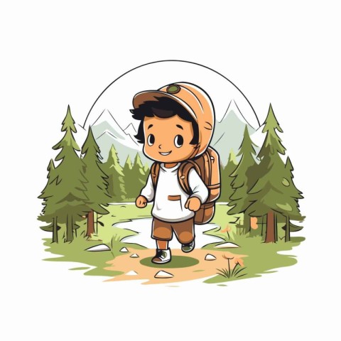 Hiking boy with backpack in the forest. Vector illustration on w