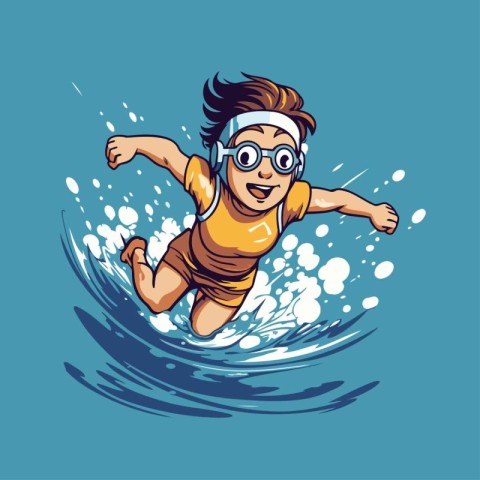 Vector illustration of a boy in a diving suit and glasses jumpin