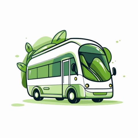 Green bus with leaves. Vector illustration on white background.