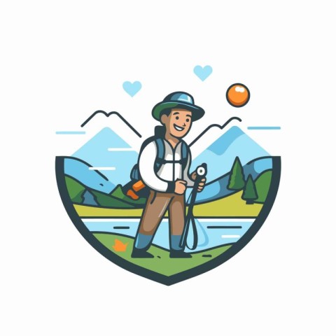 Hiker with a backpack in the mountains. Vector illustration in f