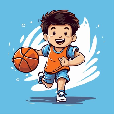 Cute boy playing basketball. Vector illustration of a cartoon bo