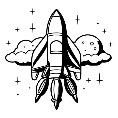 space rocket with clouds and stars icon cartoon vector illustrat