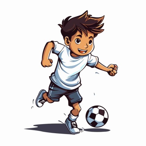 Cartoon soccer player running and kicking the ball. Vector illus