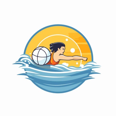 Water polo player with ball in the ocean. Vector illustration.