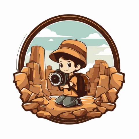 Cute boy with a camera in the desert. Vector illustration.