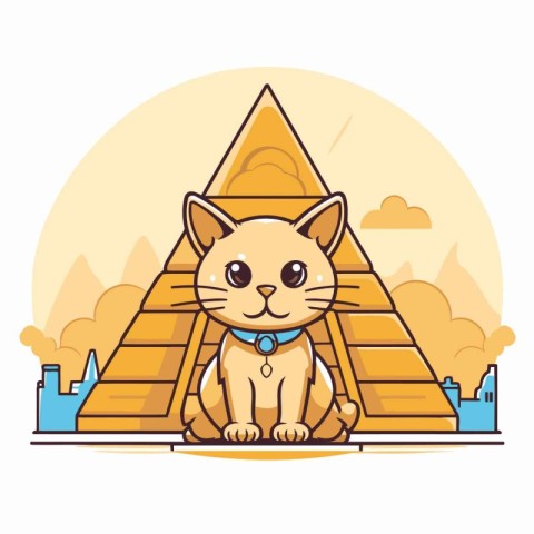 Cute cat sitting in the pyramid. Vector illustration in flat sty