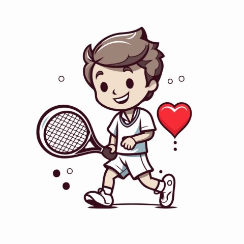 Cartoon boy playing tennis with a racket and a heart. vector ill