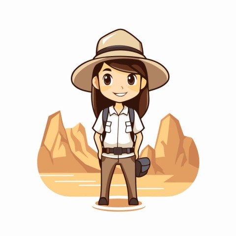 cute explorer girl with hat and backpack cartoon vector illustra