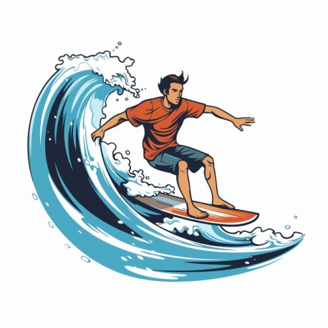 Surfer man with surfboard on the wave. Vector illustration.