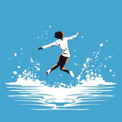 Vector illustration of a young man jumping on a surfboard in wat