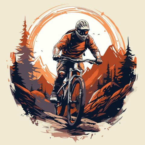 Mountain biker rides through the forest. Vintage vector illustra