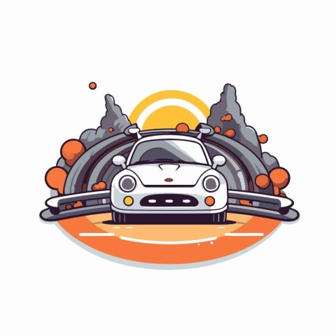 Car on the road in the forest. Vector illustration for your desi