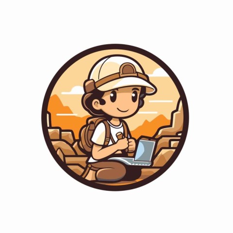 Cartoon Illustration of a Kid Boy Hiking with Laptop