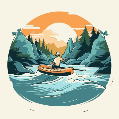 Kayaking on the mountain river. Vector illustration in retro sty