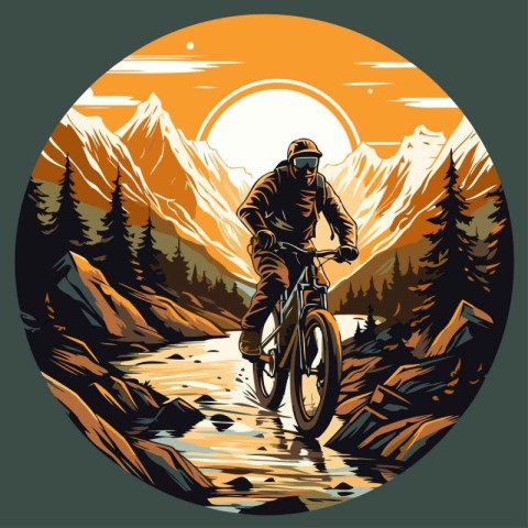 Mountain biker rides on a mountain bike through the forest. Vect