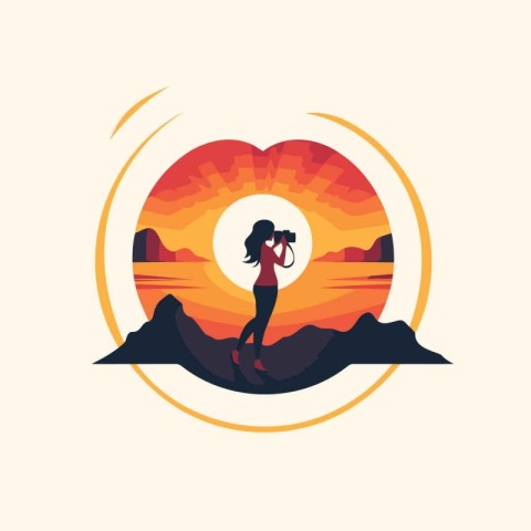 Girl with binoculars on the background of the sunset. Vector ill