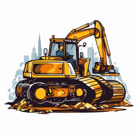 Excavator working on the construction site. Vector cartoon illus