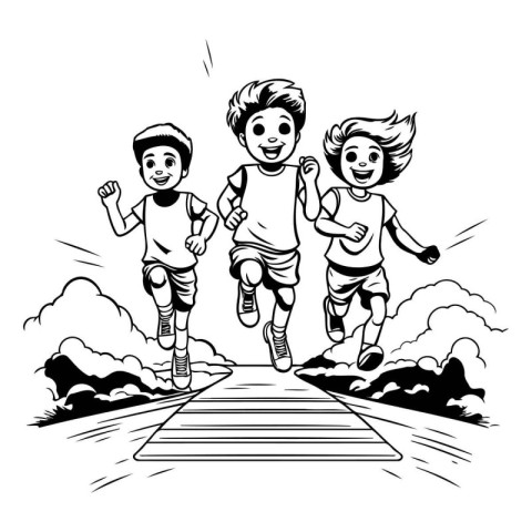 Kids running on the road. black and white vector illustration gr