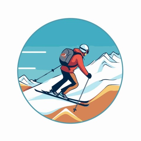 Skier skiing downhill in mountains. Vector illustration in retro