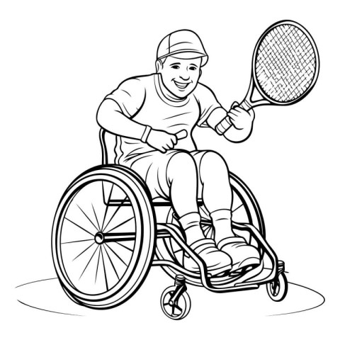 Tennis Player in Wheelchair. Black and White Cartoon Illustratio