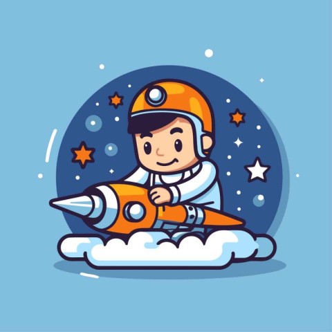 Cute little astronaut flying on a rocket. Cartoon vector illustr