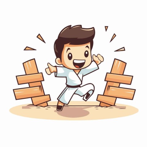 Cartoon boy in kimono doing karate. Vector illustration.