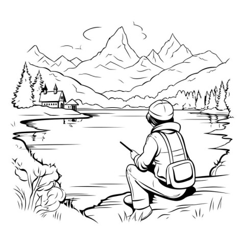 Mountain landscape with a fisherman and a lake. Vector illustrat