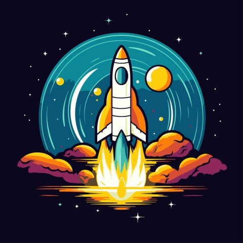 Space rocket with moon and stars. Vector illustration for your d