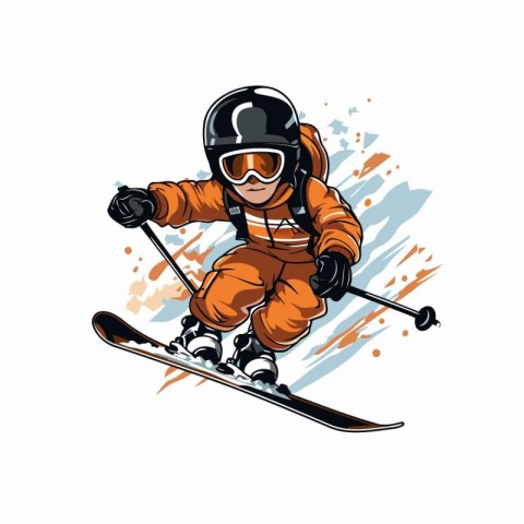 Skiing man with helmet and skis. Vector illustration.