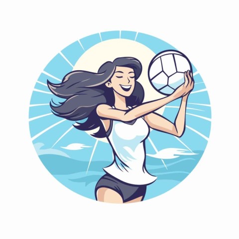 Illustration of a woman playing soccer on the beach. Vector illu