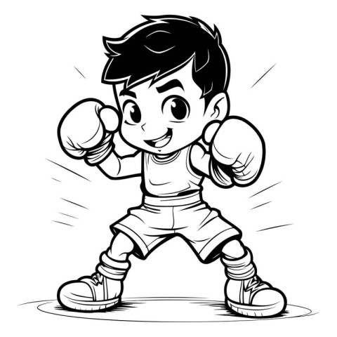 Boxing Kid - Black and White Cartoon Illustration. Vector Art