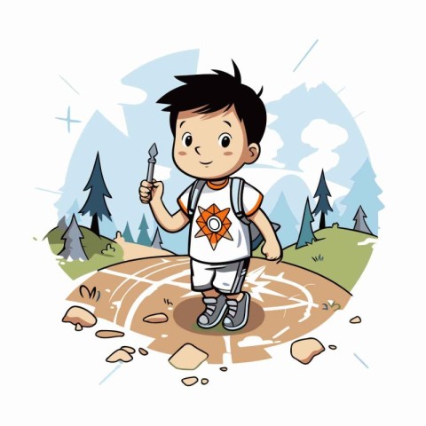 Boy with a knife and a backpack on the road. Vector illustration