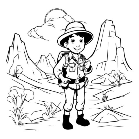 Boy scout in the mountains. Black and white vector illustration