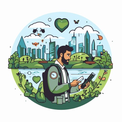 Traveler with backpack and map in the city park. Vector illustra