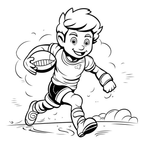 Black and White Cartoon Illustration of a Kid Playing Rugby or A