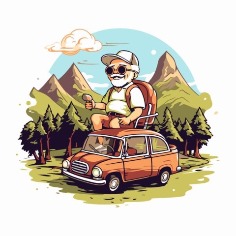 Vector illustration of a man traveling by car in the mountains.