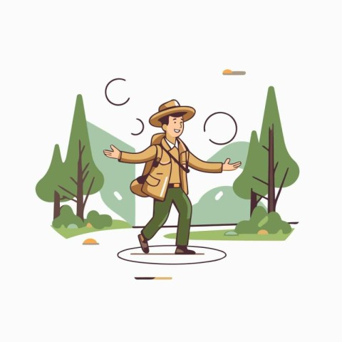 Tourist man walking in the park. Vector illustration in flat sty