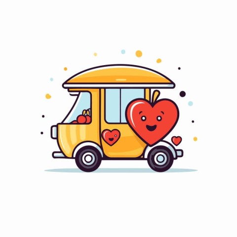 Cute cartoon car with a red heart on wheels. Vector illustration